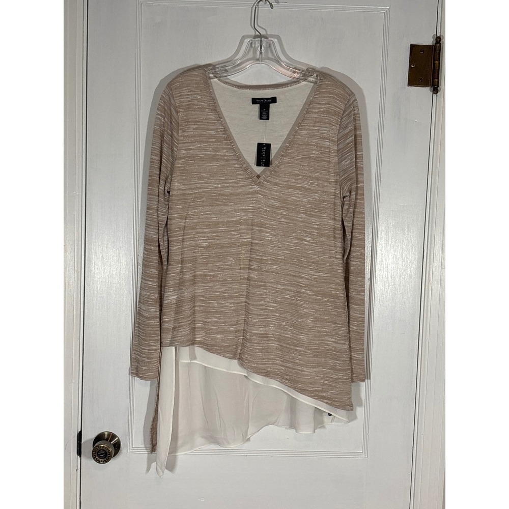 White‎ House Black Market Fawn Ecru Space Dye Layered Asymmetric Tunic Top M NEW
